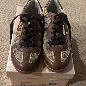 Michael Kors Logo Patterned Brown and Gold Sneakers